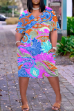 Light Green Casual Colorblock Print V Neck Short Sleeve Pocket Plus Size Vacation Straight Midi Dress