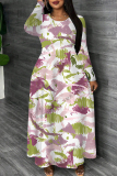 Apricot Graphics Print O Neck Long Sleeve Casual Loose Vacation Maxi Dresses