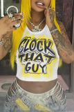 White Letter Print O Neck Sleeveless Casual Outings Summer Crop Tank