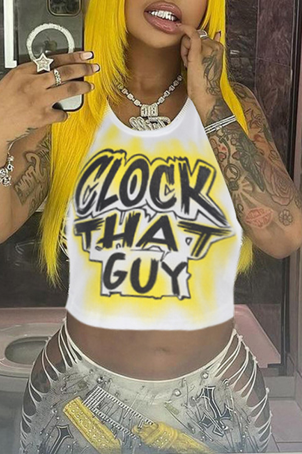 White Letter Print O Neck Sleeveless Casual Outings Summer Crop Tank