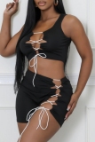 Orange U Neck Sleeveless Lace Up Cut-Outs Crop Tops And Mini Skirt Night Club Two Pieces Dress Sets
