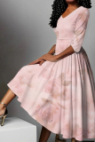 Dark Pink Floral Print V Neck Half Sleeve Casual Vacation A Line Pleated Flowy Maxi Dresses