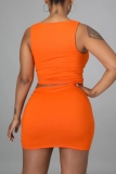 Orange U Neck Sleeveless Lace Up Cut-Outs Crop Tops And Mini Skirt Night Club Two Pieces Dress Sets
