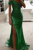 Elegant Solid Sequins High Opening Off the Shoulder Evening Dress Dresses