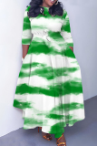 White Graphics Print O Neck 3/4 Sleeve Belted Pockets Long Vacation Casual Pleated A Line Maxi Dresses