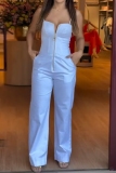 White Casual Backless Sleeveless Zipper Formal Office Lady Bodycon Cami Jumpsuits