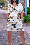 Light Green Casual Colorblock Print V Neck Short Sleeve Pocket Plus Size Vacation Straight Midi Dress