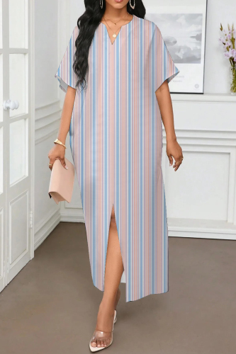 Multicolor Graphics Print Slit V Neck Half Sleeve Loose Casual Vacation Long Robe Dresses