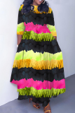 White Graphics Print O Neck 3/4 Sleeve Belted Pockets Long Vacation Casual Pleated A Line Maxi Dresses