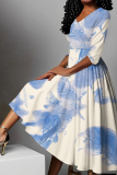 Dark Pink Floral Print V Neck Half Sleeve Casual Vacation A Line Pleated Flowy Maxi Dresses