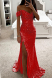 Elegant Solid Sequins High Opening Off the Shoulder Evening Dress Dresses