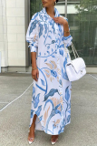 Multicolor Floral Print Turndown Collar Long Sleeve Buttons Slit Casual Vacation Maxi Shirt Dresses
