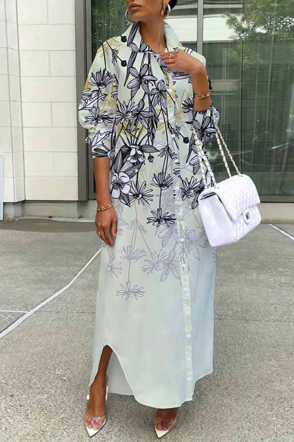 Multicolor Floral Print Turndown Collar Long Sleeve Buttons Slit Casual Vacation Maxi Shirt Dresses