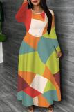 Apricot Graphics Print O Neck Long Sleeve Casual Loose Vacation Maxi Dresses