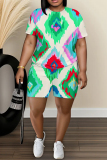 Grey Graphics Print O Neck Short Sleeve Oversize T Shirt and Shorts Sportwear Plus Size Two Piece Matching Set
