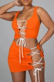 Orange U Neck Sleeveless Lace Up Cut-Outs Crop Tops And Mini Skirt Night Club Two Pieces Dress Sets
