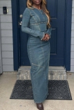 Blue O Neck Long Sleeve Fitted Casual Bodycon Denim Maxi Dresses