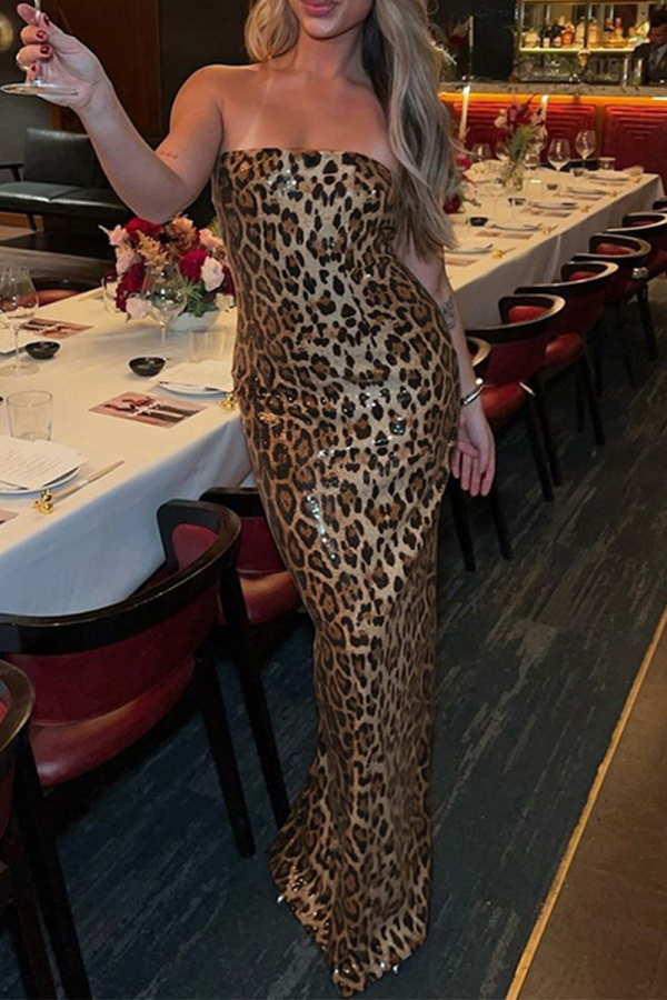 Brown Leopard Sequins Strapless Slit Formal Evening Party Prom Bodycon Tube Maxi Dresses