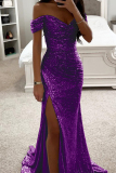 Elegant Solid Sequins High Opening Off the Shoulder Evening Dress Dresses