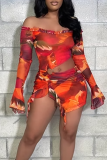 Orange Graphcis Print Off Shoulder Long Sleeve Hollow Out Slit Ruffle Trim Night Club Bodycon Mini Dresses