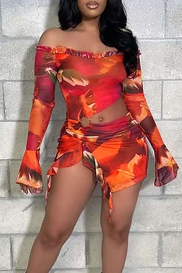 Orange Graphcis Print Off Shoulder Long Sleeve Hollow Out Slit Ruffle Trim Night Club Bodycon Mini Dresses