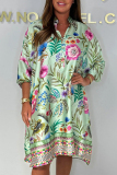 Green Floral Print Buttons V Neck Long Sleeve Casual Vacation Loose Midi Dresses