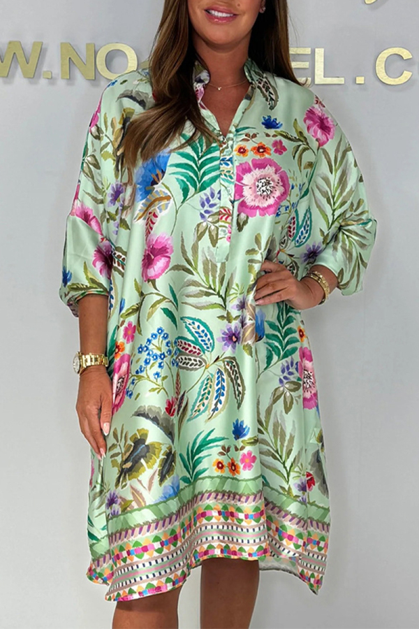 Green Floral Print Buttons V Neck Long Sleeve Casual Vacation Loose Midi Dresses
