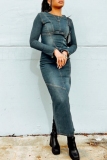 Blue O Neck Long Sleeve Fitted Casual Bodycon Denim Maxi Dresses