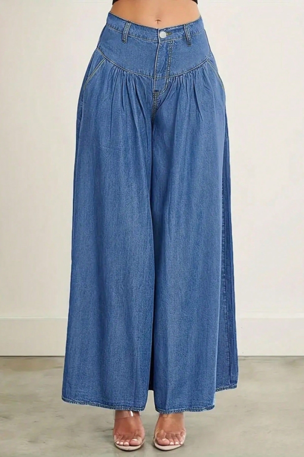 Medium Blue Casual Plus Size Wide Leg Jeans