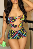Black Graffiti Print Strapless Sleeveless Hollow Out Crop Tops And Wide Leg Pants Two Pieces Short Set