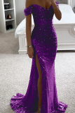 Elegant Solid Sequins High Opening Off the Shoulder Evening Dress Dresses