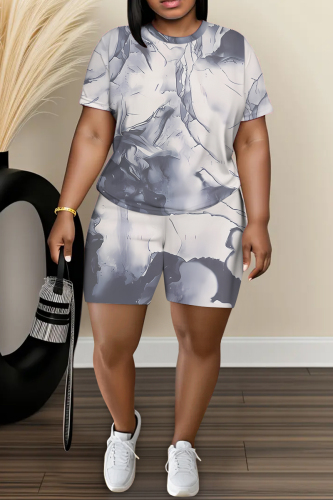 Grey Graphics Print O Neck Short Sleeve Oversize T Shirt and Shorts Sportwear Plus Size Two Piece Matching Set