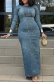Blue O Neck Long Sleeve Fitted Casual Bodycon Denim Maxi Dresses