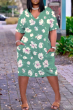 Light Green Casual Colorblock Print V Neck Short Sleeve Pocket Plus Size Vacation Straight Midi Dress