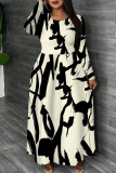 Apricot Graphics Print O Neck Long Sleeve Casual Loose Vacation Maxi Dresses
