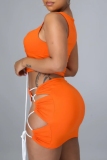 Orange U Neck Sleeveless Lace Up Cut-Outs Crop Tops And Mini Skirt Night Club Two Pieces Dress Sets