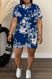Grey Graphics Print O Neck Short Sleeve Oversize T Shirt and Shorts Sportwear Plus Size Two Piece Matching Set