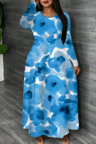 Apricot Graphics Print O Neck Long Sleeve Casual Loose Vacation Maxi Dresses