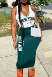 White Green Casual Sexy Letters Print V Neck Sleeveless Vest and Long Wrapped Skirt Bodycorn Two Piece Dress Sets