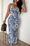 Blue Floral Print Sleeveless Backless Spaghetti Strap Fitted Casual Vacation Long Maxi Slip Dresses