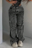 Dark Grey Casual Solid Pocket Mid Waist Straight Cargo Denim Jeans