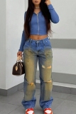 Blue Y2K Casual Solid Ripped Mid Waist Straight Denim Jeans