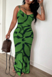 Blue Floral Print Sleeveless Backless Spaghetti Strap Fitted Casual Vacation Long Maxi Slip Dresses