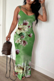 Red Sexy Casual Floral Print Backless Spaghetti Strap Fitted Vacation Long Maxi Slip Dresses