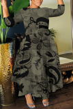Black White Swan Print Round Neck 3/4 Sleeve Belted Waisted A-line Long Maxi Dresses