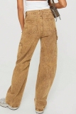 Brown Y2K Casual Solid Pocket Mid Waist Straight Cargo Denim Jeans
