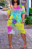 Dark Yellow Casual Abstract Print Pocket V Neck Short Sleeve Short Sleeve Loose Midi T-shirt Dress