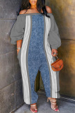Blue Contrast Striped Print Off Shoulder Long Lantern Sleeve Loose Overall Jumpsuits