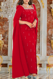 Red Hot Drill Square Neck Cape Sleeve Back-Slit Bodycorn Formal Evening Party Maxi Dresses