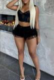 White Lace Spaghetti Strap Sleeveless Cami Tops and Mini Tiered Shorts Party Clubwear Two Pieces Sets